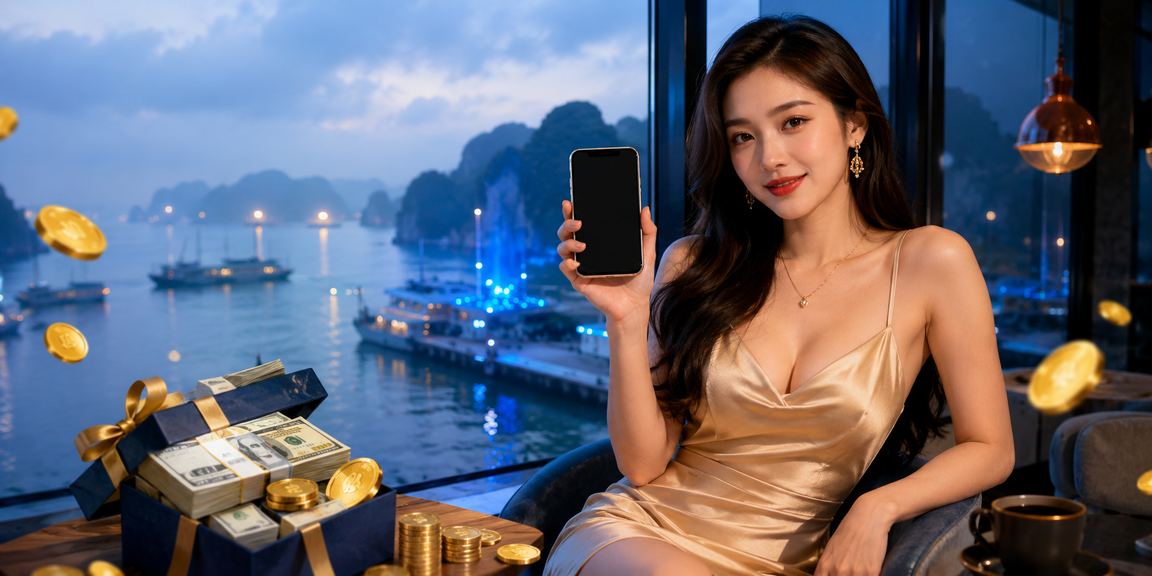 Vịnh Hạ Long với bối cảnh người dùng VIP kiểm tra bonus và bảo mật tài khoản bên ly cà phê