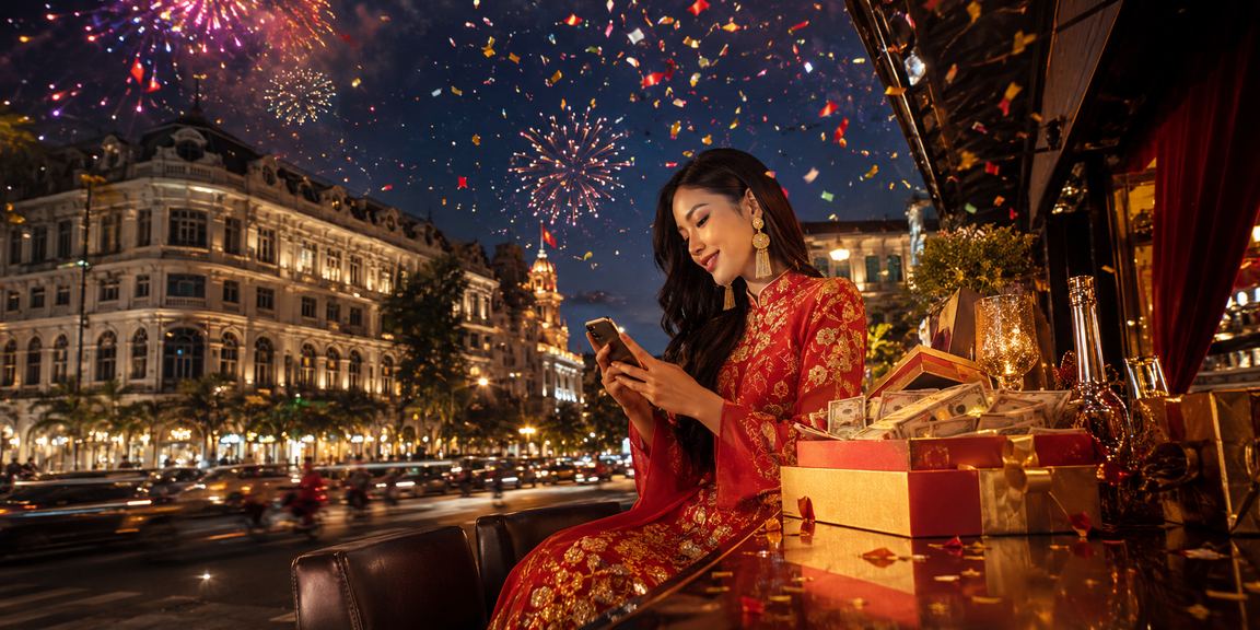 Khung cảnh lễ hội tại TP. Hồ Chí Minh với người dùng kiểm tra phân tích kèo trên điện thoại