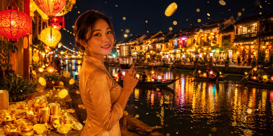 Người dùng tại Hội An hoàn tất đăng ký và nhận thưởng chào mừng trên điện thoại tại quán cà phê