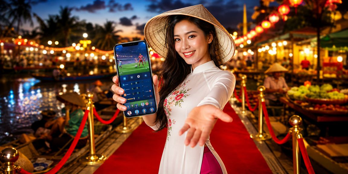 Cảnh chợ đêm Mekong với người dùng theo dõi kết quả cá cược thể thao buổi tối