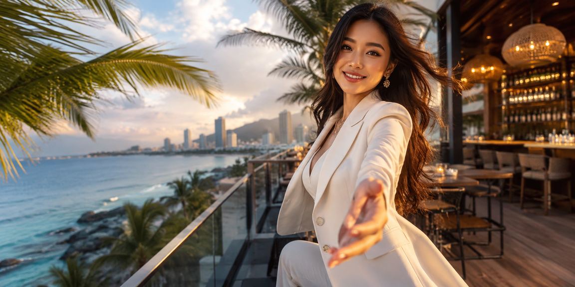 Khung cảnh biển Nha Trang với người dùng kiểm tra ưu đãi VIP bonus trên thiết bị di động